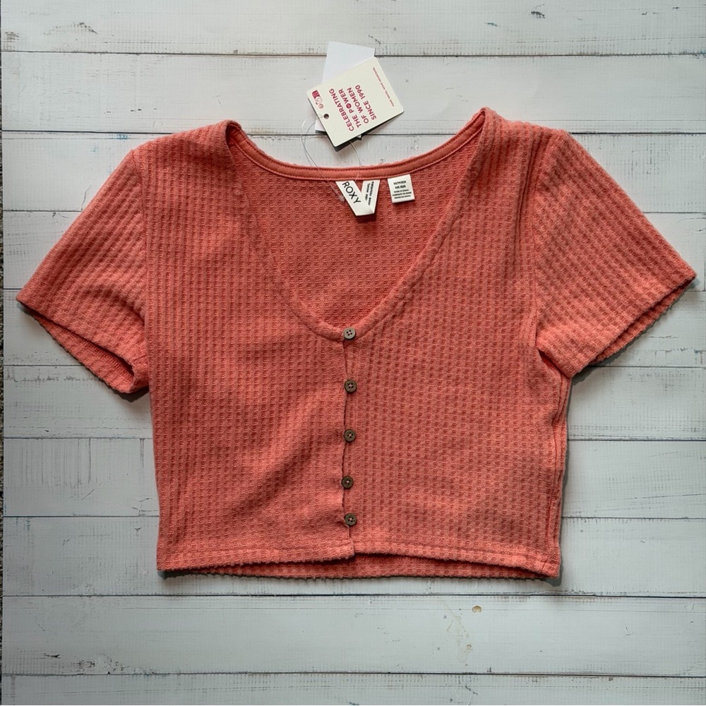 Roxy Coral Cropped Button-Front Waffle Tee